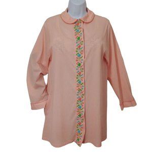 Vintage Lingerie PJ Top Ladies-M Embroidered Floral Button-up Peter Pan Collar